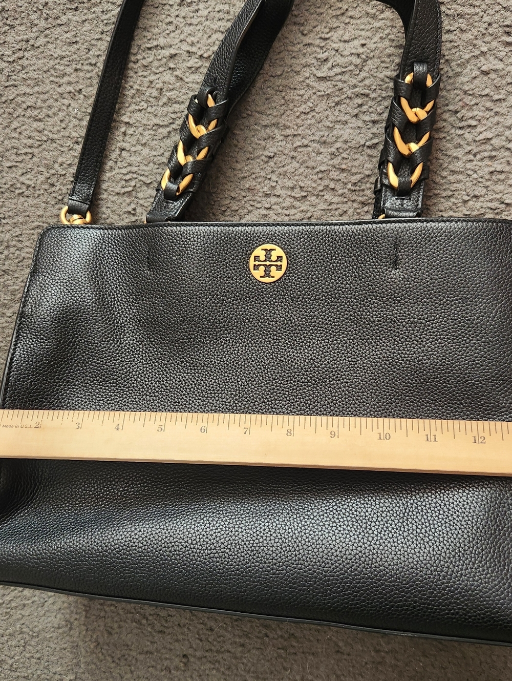 TORY BURCH Everly Handbag Black Leather Tote Multi Pocket Purse - Picture 9 of 11